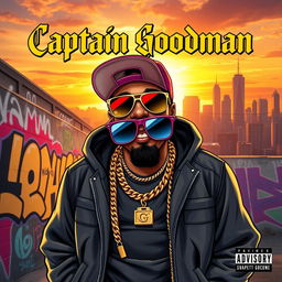 An album cover for a rap artist named Captain Goodman, featuring a cool and confident character with a stylish street outfit