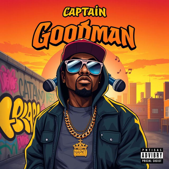 An album cover for a rap artist named Captain Goodman, featuring a cool and confident character with a stylish street outfit