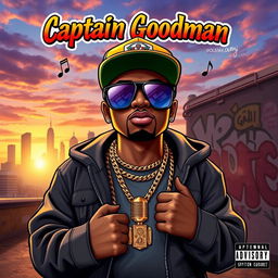 An album cover for a rap artist named Captain Goodman, featuring a cool and confident character with a stylish street outfit