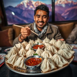 A large plate of Nepali mo mo, filled with steaming dumplings served with a rich and flavorful dipping sauce