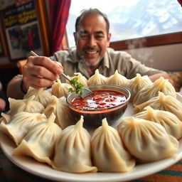 A large plate of Nepali mo mo, filled with steaming dumplings served with a rich and flavorful dipping sauce