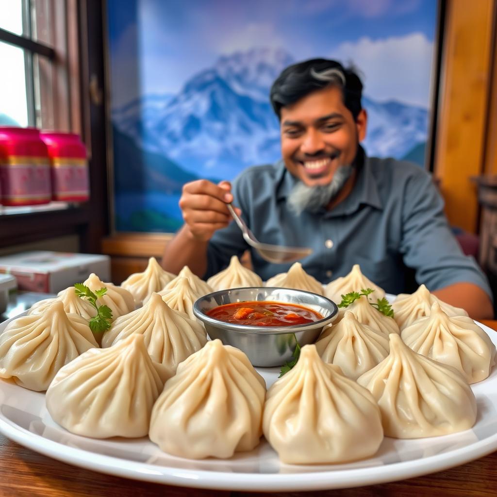 A large plate of Nepali mo mo, filled with steaming dumplings served with a rich and flavorful dipping sauce