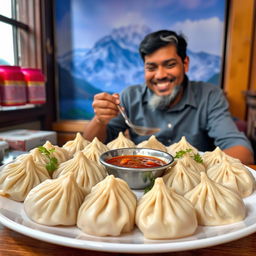 A large plate of Nepali mo mo, filled with steaming dumplings served with a rich and flavorful dipping sauce