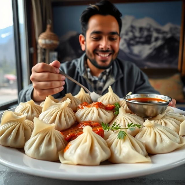 A large plate of Nepali mo mo, filled with steaming dumplings served with a rich and flavorful dipping sauce