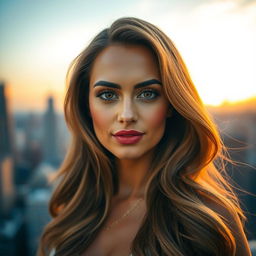 A portrait of a glamorous woman with long flowing hair, warm golden skin tone, and bright captivating eyes
