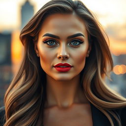 A portrait of a glamorous woman with long flowing hair, warm golden skin tone, and bright captivating eyes