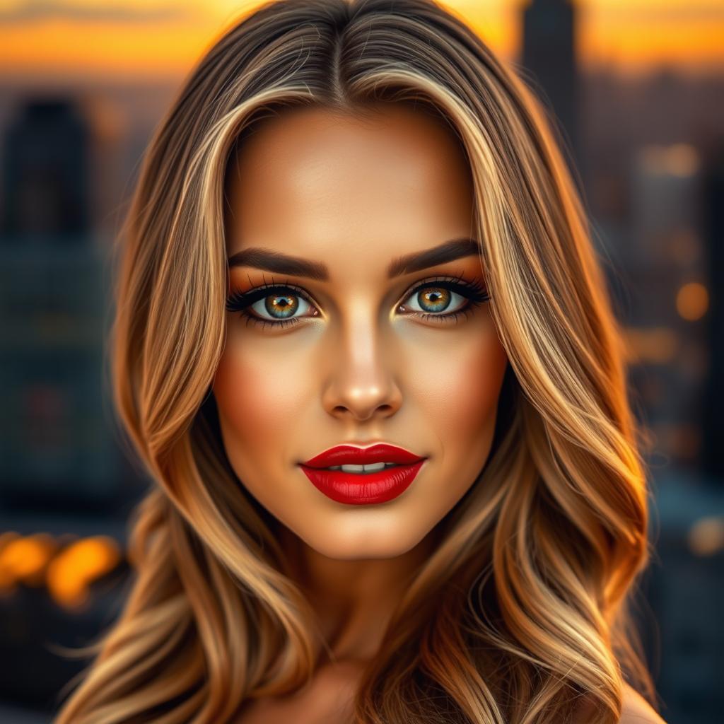 A portrait of a glamorous woman with long flowing hair, warm golden skin tone, and bright captivating eyes