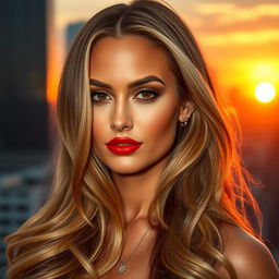 A portrait of a glamorous woman with long flowing hair, warm golden skin tone, and bright captivating eyes