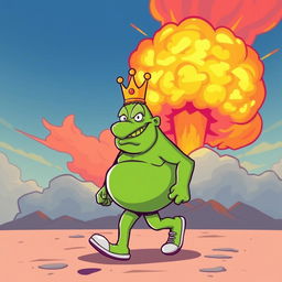 A cartoon-style vector illustration of King Wart (also known as Mamu) walking confidently in front of a large nuclear explosion