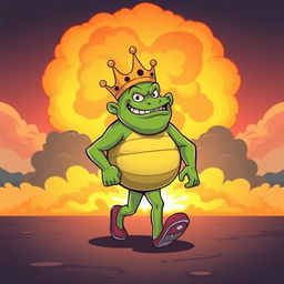 A cartoon-style vector illustration of King Wart (also known as Mamu) walking confidently in front of a large nuclear explosion