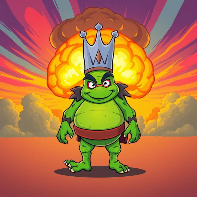 A cartoon-style vector illustration of King Wart (also known as Mamu) walking confidently in front of a large nuclear explosion