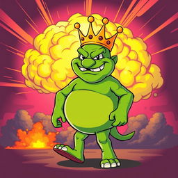 A cartoon-style vector illustration of King Wart (also known as Mamu) walking confidently in front of a large nuclear explosion