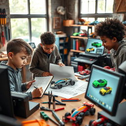 A vibrant workshop scene featuring three imaginative boys of diverse ethnicity working together to invent a futuristic car
