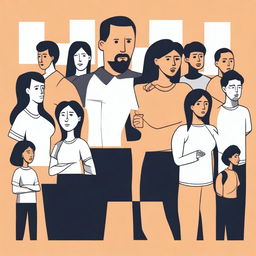 A simple, yet impactful vector art image, utilizing shapes and outlines to highlight the predicament of teachers in a physical education class who are struggling to support undocumented immigrant students