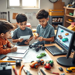 A vibrant workshop scene featuring three imaginative boys of diverse ethnicity working together to invent a futuristic car