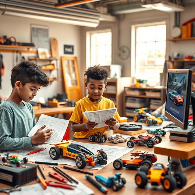 A vibrant workshop scene featuring three imaginative boys of diverse ethnicity working together to invent a futuristic car