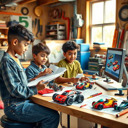 A vibrant workshop scene featuring three imaginative boys of diverse ethnicity working together to invent a futuristic car