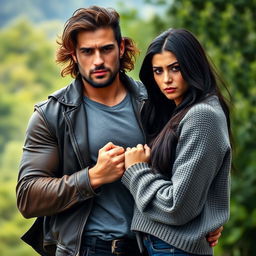A handsome, strong wild man with rugged features and a muscular build, giving his stylish jacket to his dark-haired girlfriend who has an expressive frown on her face