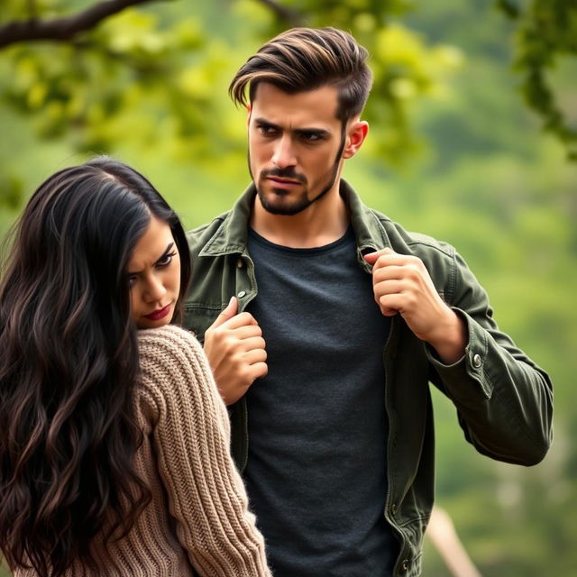 A handsome, strong wild man with rugged features and a muscular build, giving his stylish jacket to his dark-haired girlfriend who has an expressive frown on her face