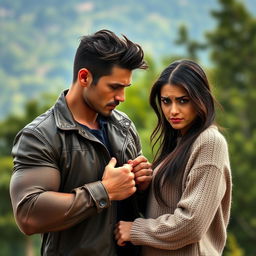 A handsome, strong wild man with rugged features and a muscular build, giving his stylish jacket to his dark-haired girlfriend who has an expressive frown on her face