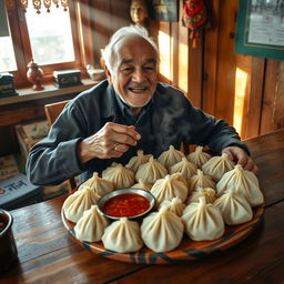 An elderly man joyfully preparing to enjoy a gigantic plate of Nepali mo mo, a traditional dumpling dish