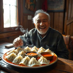 An elderly man joyfully preparing to enjoy a gigantic plate of Nepali mo mo, a traditional dumpling dish