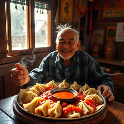 An elderly man joyfully preparing to enjoy a gigantic plate of Nepali mo mo, a traditional dumpling dish
