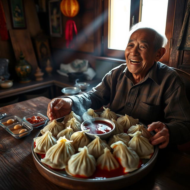 An elderly man joyfully preparing to enjoy a gigantic plate of Nepali mo mo, a traditional dumpling dish