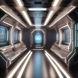 A high-definition 3D render showcasing the interior of a futuristic sci-fi ship