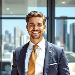 A charismatic and stylish businessman standing confidently in an upscale office environment