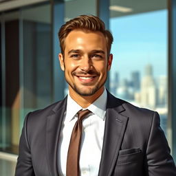 A charismatic and stylish businessman standing confidently in an upscale office environment