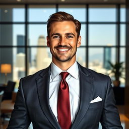 A charismatic and stylish businessman standing confidently in an upscale office environment