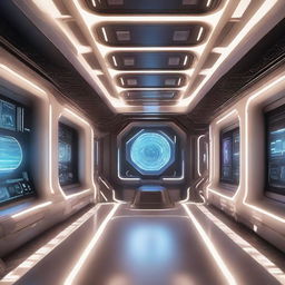 A high-definition 3D render showcasing the interior of a futuristic sci-fi ship