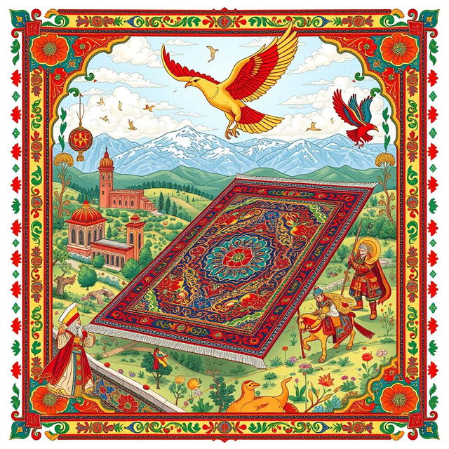 A vibrant and colorful illustration depicting Persian/Iranian culture and traditions, featuring a traditional Persian carpet adorned with intricate designs in rich colors