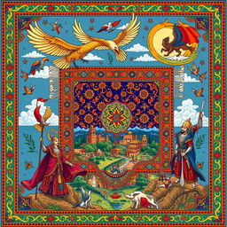 A vibrant and colorful illustration depicting Persian/Iranian culture and traditions, featuring a traditional Persian carpet adorned with intricate designs in rich colors