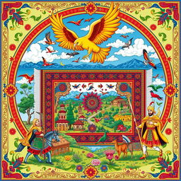 A vibrant and colorful illustration depicting Persian/Iranian culture and traditions, featuring a traditional Persian carpet adorned with intricate designs in rich colors