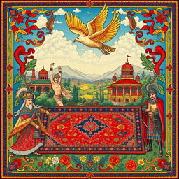 A vibrant and colorful illustration depicting Persian/Iranian culture and traditions, featuring a traditional Persian carpet adorned with intricate designs in rich colors