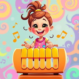 A colorful 2D illustration of a cheerful girl playing on a set of chimes, inspired by the vibrant art style of the game IncredyBox