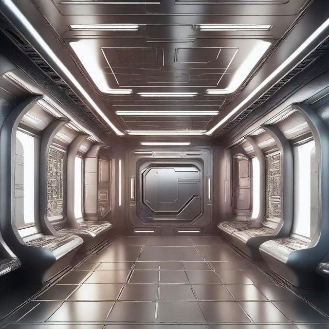 A high-quality 3D render focusing on the smooth, metallic surface of a sci-fi ship's interior wall