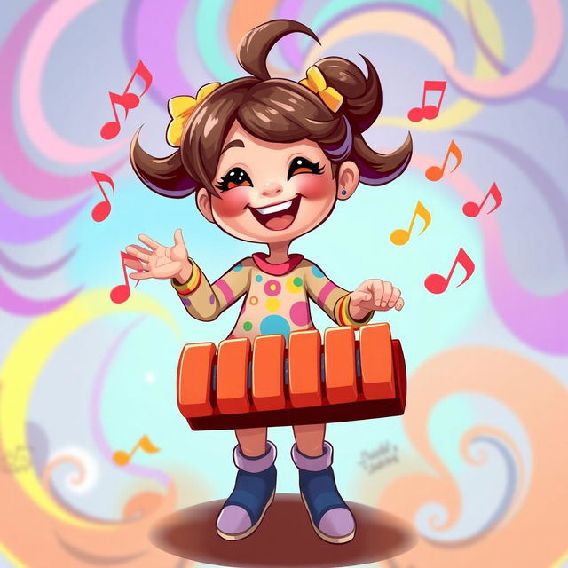 A colorful 2D illustration of a cheerful girl playing on a set of chimes, inspired by the vibrant art style of the game IncredyBox