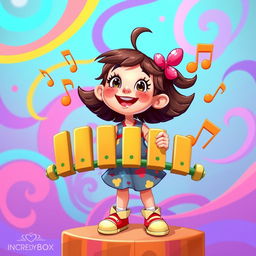 A colorful 2D illustration of a cheerful girl playing on a set of chimes, inspired by the vibrant art style of the game IncredyBox