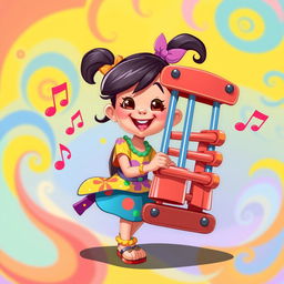 A colorful 2D illustration of a cheerful girl playing on a set of chimes, inspired by the vibrant art style of the game IncredyBox