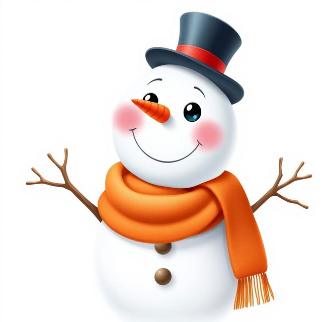 A charming, cheerful snowman with a classic carrot nose, coal eyes, and a wide smile