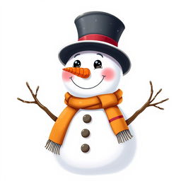 A charming, cheerful snowman with a classic carrot nose, coal eyes, and a wide smile
