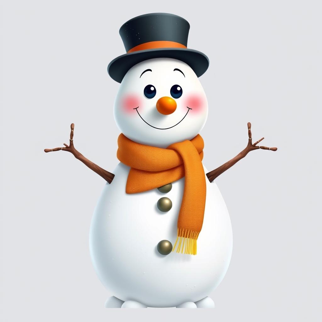 A charming, cheerful snowman with a classic carrot nose, coal eyes, and a wide smile