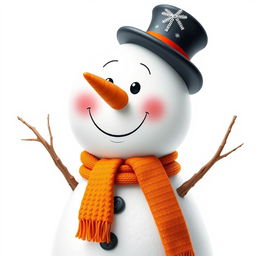 A charming, cheerful snowman with a classic carrot nose, coal eyes, and a wide smile