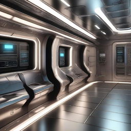 A high-quality 3D render focusing on the smooth, metallic surface of a sci-fi ship's interior wall