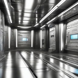 A high-quality 3D render focusing on the smooth, metallic surface of a sci-fi ship's interior wall