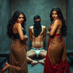 An interrogation room setting features two alluring desi women who exude confidence and seduction