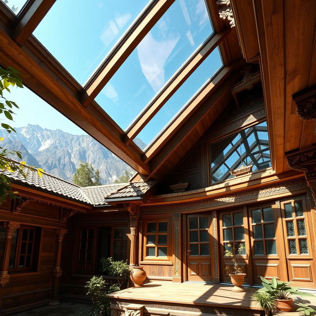 A picturesque scene of a Nepalese house with a stunning toughened glass roof